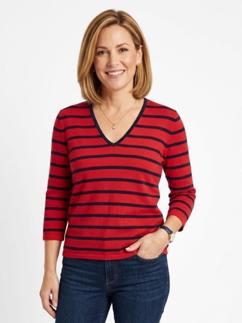 Ralph Lauren Red V-Neck Sweater with Navy Stripes